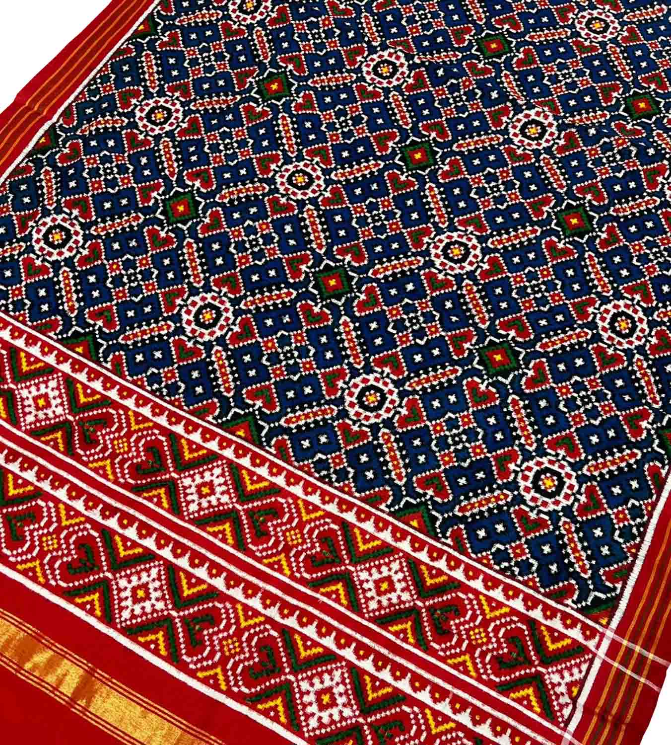 Blue Handloom Double Ikat Patan Patola Pure Silk Dupatta - Luxurion World- Crafted Heirlooms
