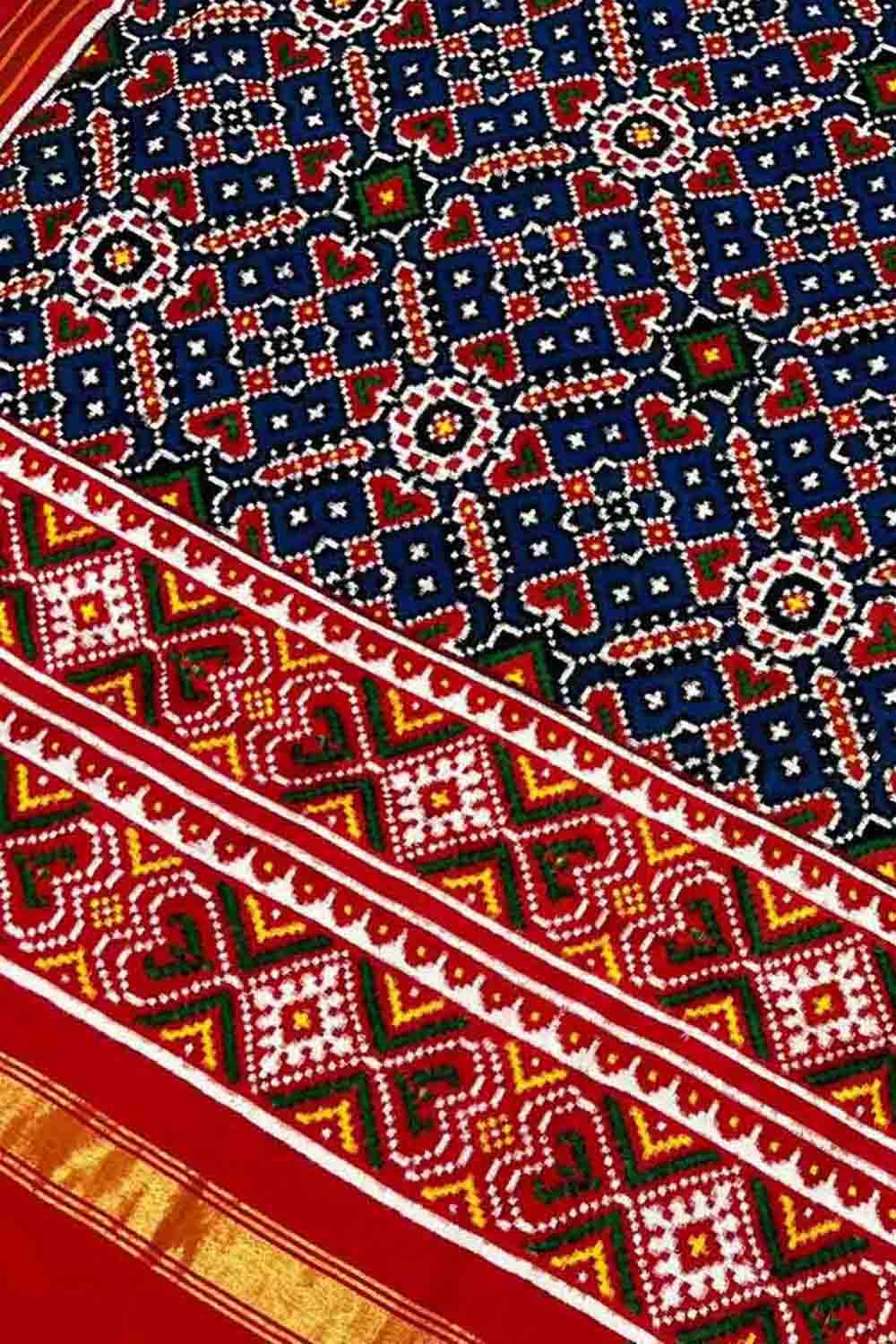 Blue Handloom Double Ikat Patan Patola Pure Silk Dupatta - Luxurion World- Crafted Heirlooms
