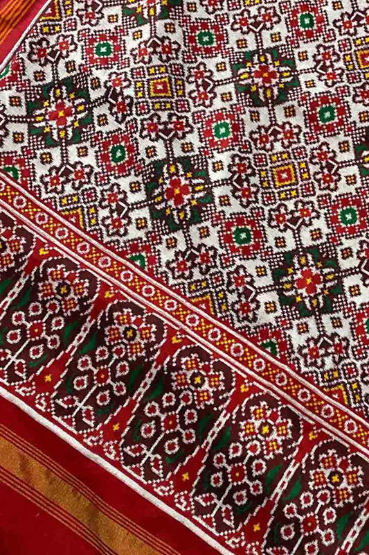 Off White Handloom Double Ikat Patan Patola Pure Silk Dupatta - Luxurion World