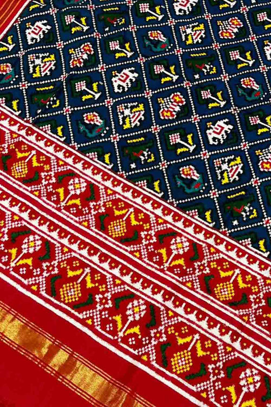 Blue Handloom Double Ikat Patan Patola Pure Silk Dupatta - Luxurion World