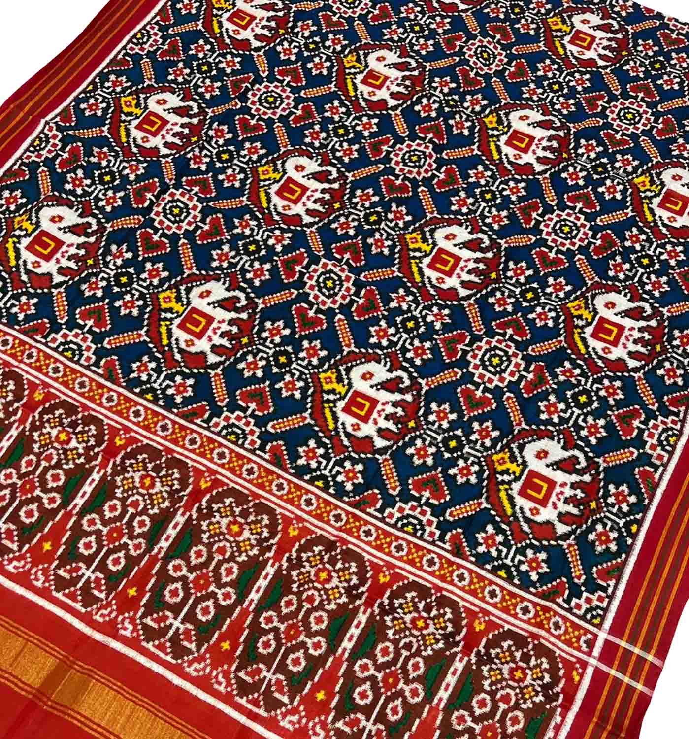 Blue Handloom Double Ikat Patan Patola Pure Silk Dupatta - Luxurion World- Crafted Heirlooms