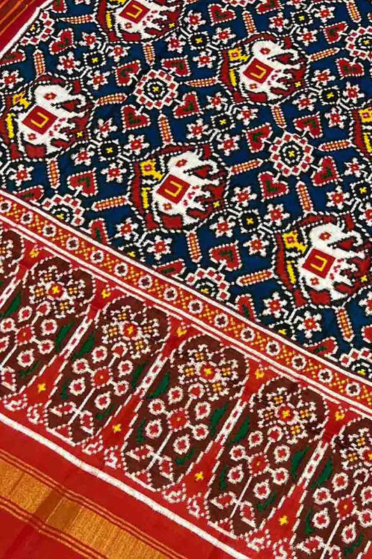 Blue Handloom Double Ikat Patan Patola Pure Silk Dupatta - Luxurion World