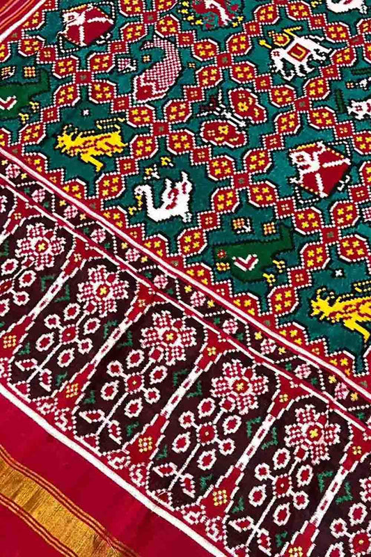 Green Handloom Double Ikat Patan Patola Pure Silk Dupatta - Luxurion World