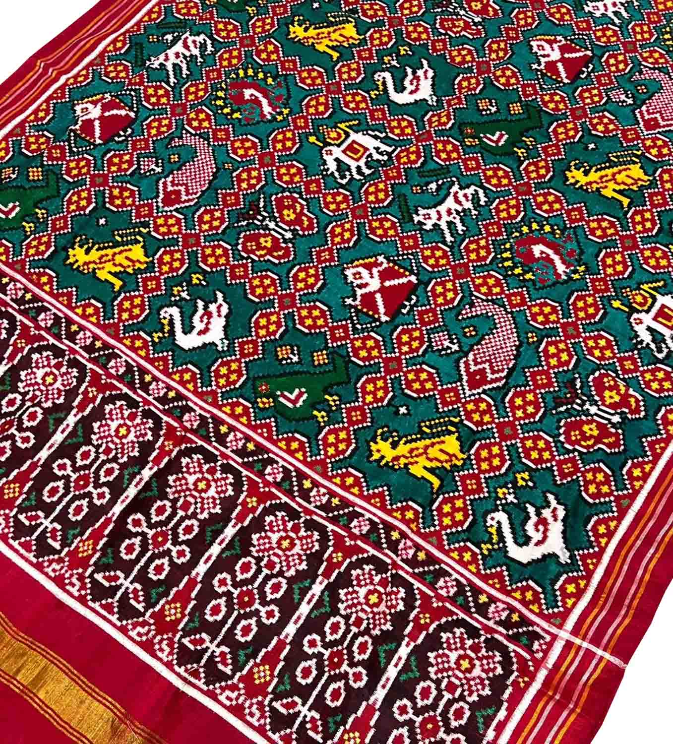 Green Handloom Double Ikat Patan Patola Pure Silk Dupatta - Luxurion World