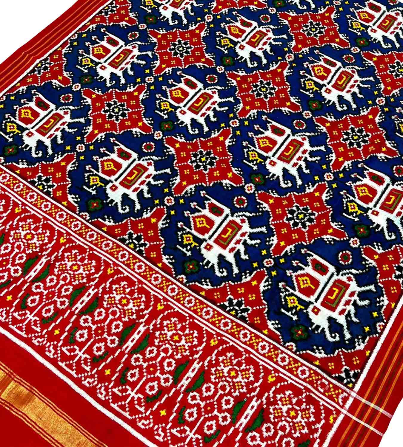 Blue Handloom Double Ikat Patan Patola Pure Silk Dupatta - Luxurion World- Crafted Heirlooms