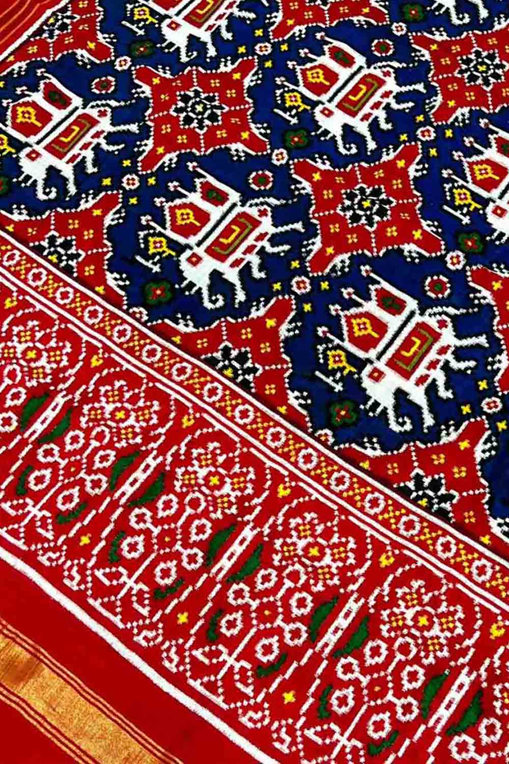 Blue Handloom Double Ikat Patan Patola Pure Silk Dupatta - Luxurion World- Crafted Heirlooms