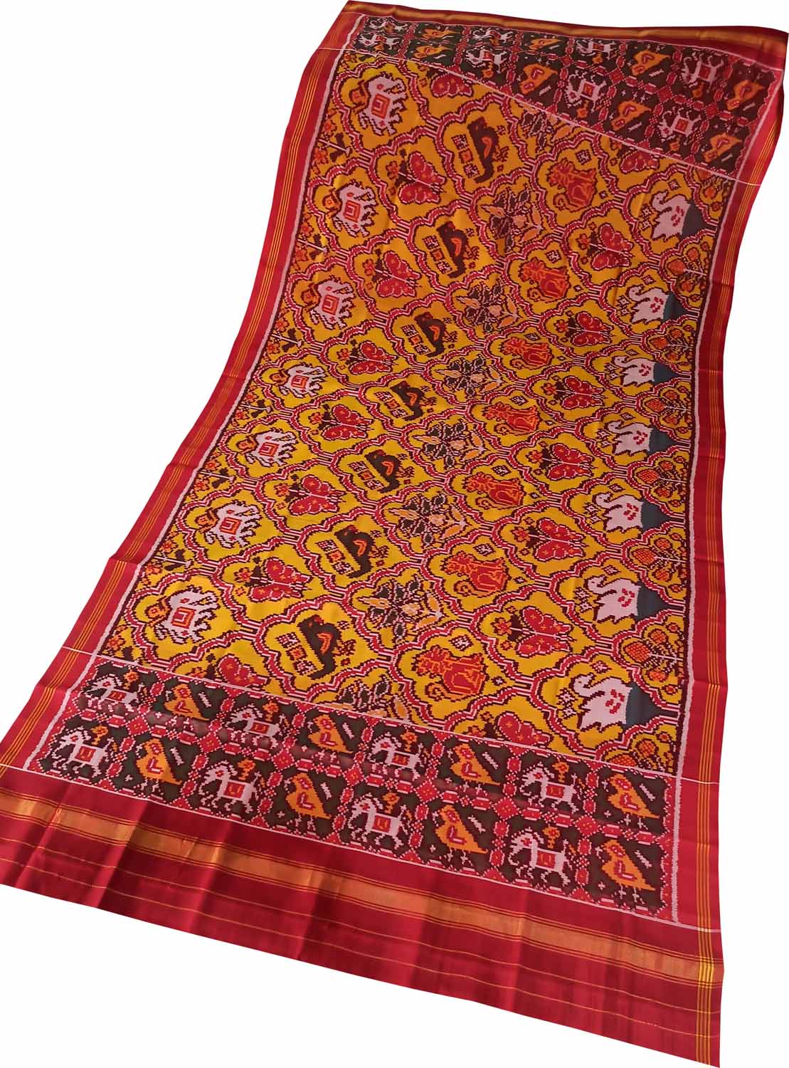 Yellow Handloom Semi Patan Patola Pure Silk Dupatta - Luxurion World- Crafted Heirlooms