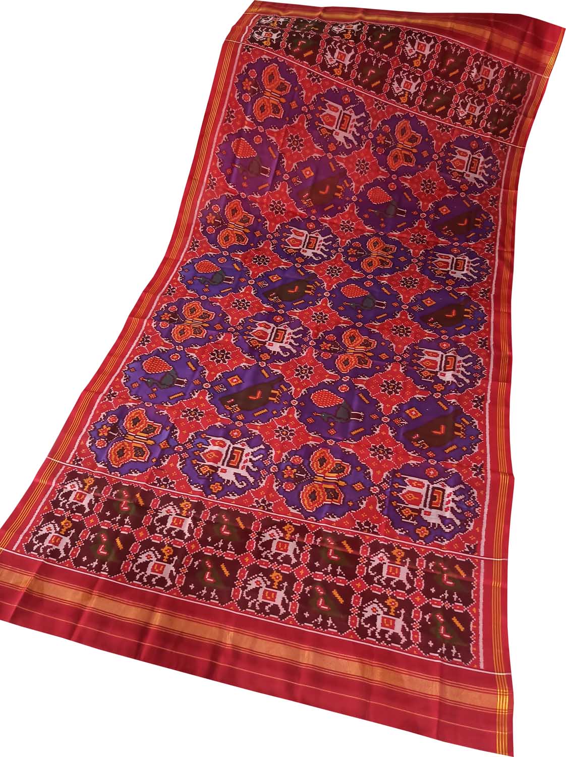 Red Handloom Semi Patan Patola Pure Silk Dupatta - Luxurion World- Crafted Heirlooms