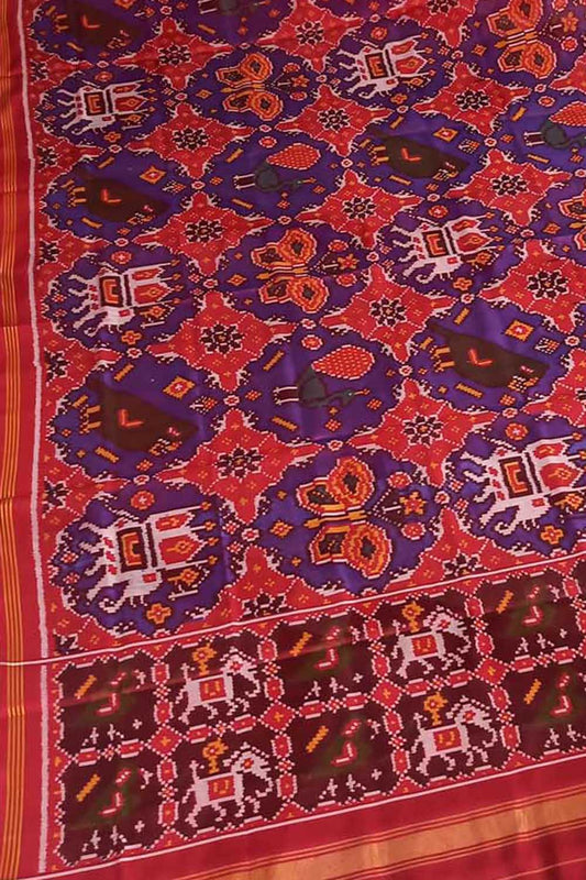 Red Handloom Semi Patan Patola Pure Silk Dupatta - Luxurion World