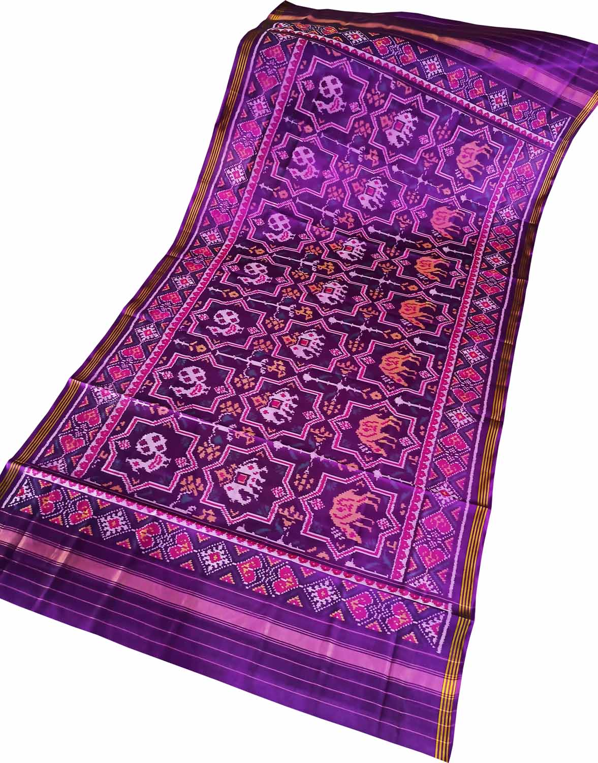 Purple Handloom Semi Patan Patola Pure Silk Dupatta - Luxurion World- Crafted Heirlooms