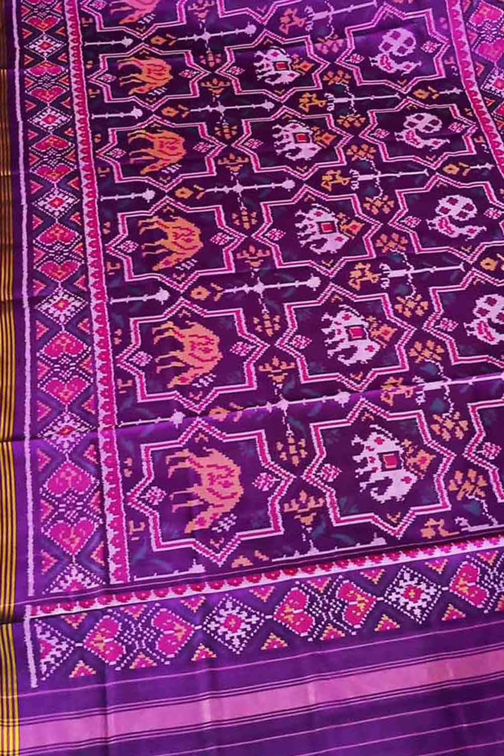 Purple Handloom Semi Patan Patola Pure Silk Dupatta - Luxurion World- Crafted Heirlooms