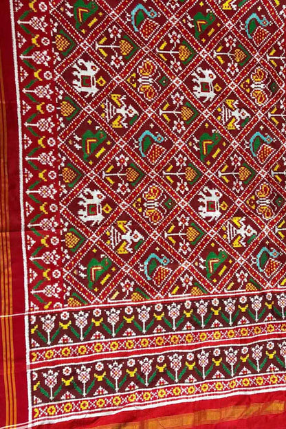 Red Patan Patola Handloom Pure Silk Dupatta - Luxurion World