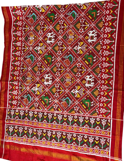 Red Patan Patola Handloom Pure Silk Dupatta - Luxurion World