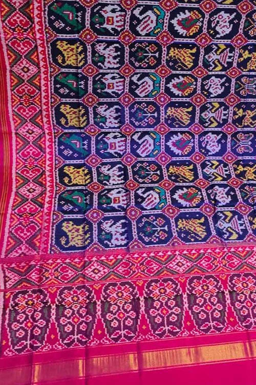 Blue Patola Handloom Semi Patan Patola Pure Silk Dupatta - Luxurion World- Crafted Heirlooms
