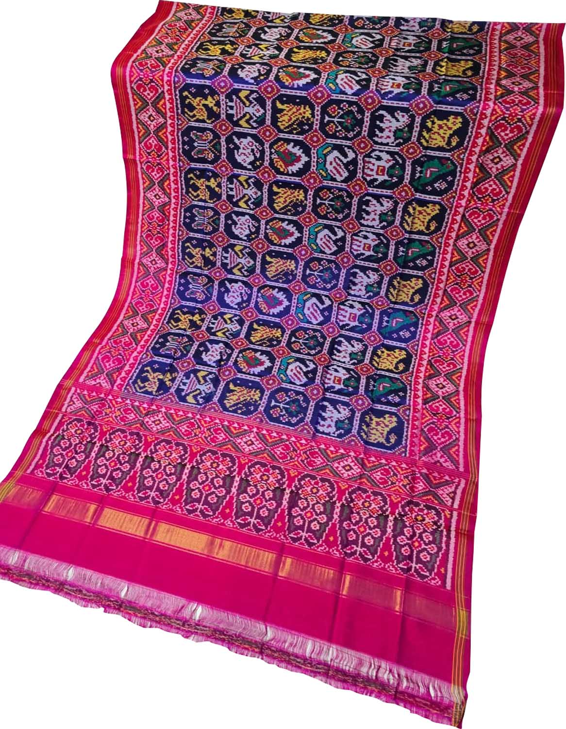 Blue Patola Handloom Semi Patan Patola Pure Silk Dupatta - Luxurion World- Crafted Heirlooms