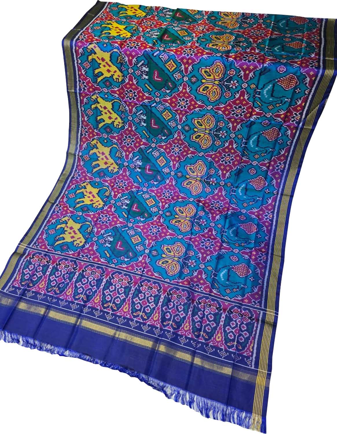 Blue Patola Handloom Semi Patan Patola Pure Silk Dupatta - Luxurion World- Crafted Heirlooms