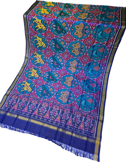 Blue Patola Handloom Semi Patan Patola Pure Silk Dupatta - Luxurion World
