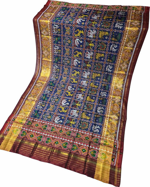 Blue Patola Handloom Semi Patan Patola Pure Silk Dupatta - Luxurion World- Crafted Heirlooms