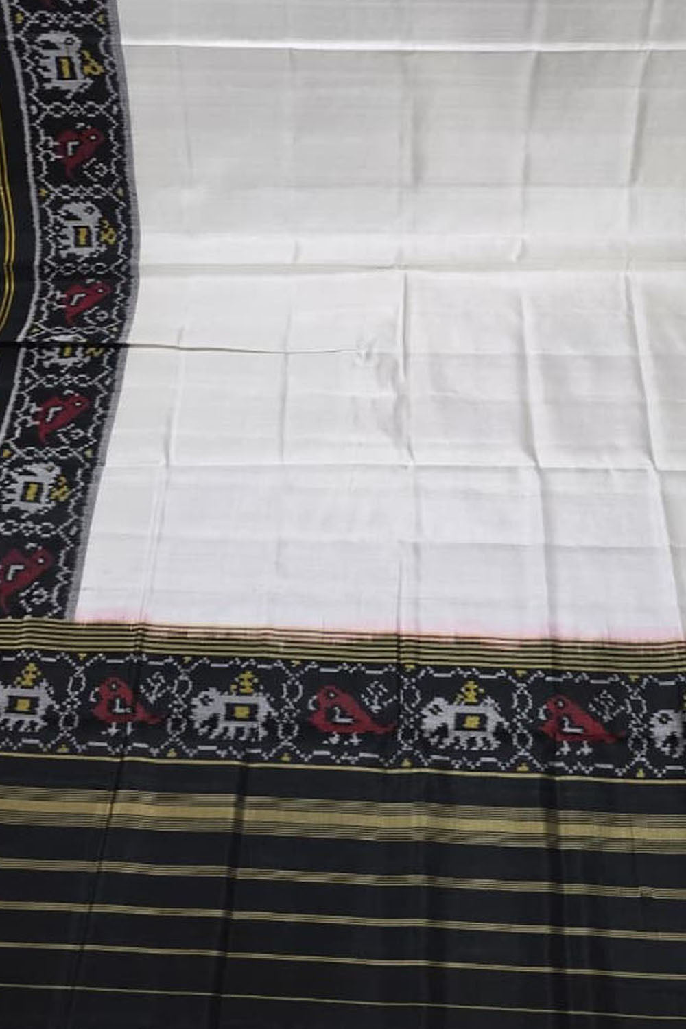 Off White Handloom Semi Patan Patola Pure Silk Dupatta - Luxurion World- Crafted Heirlooms