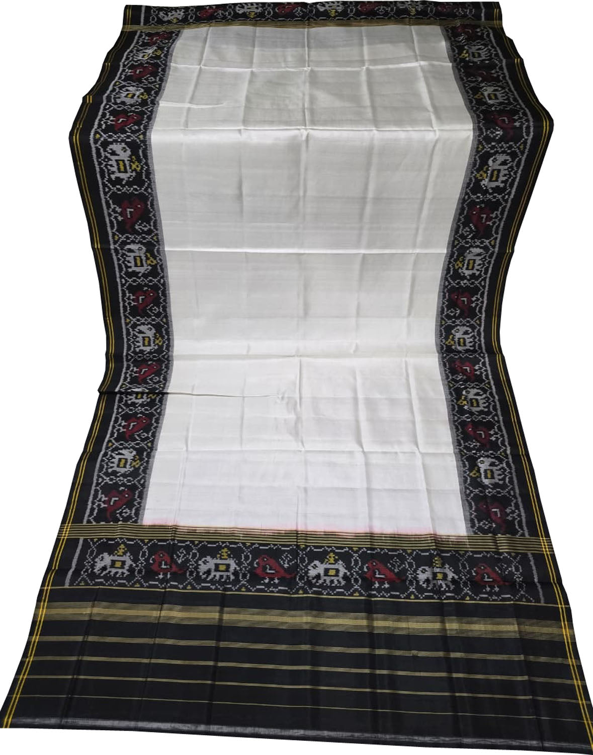 Off White Handloom Semi Patan Patola Pure Silk Dupatta - Luxurion World- Crafted Heirlooms