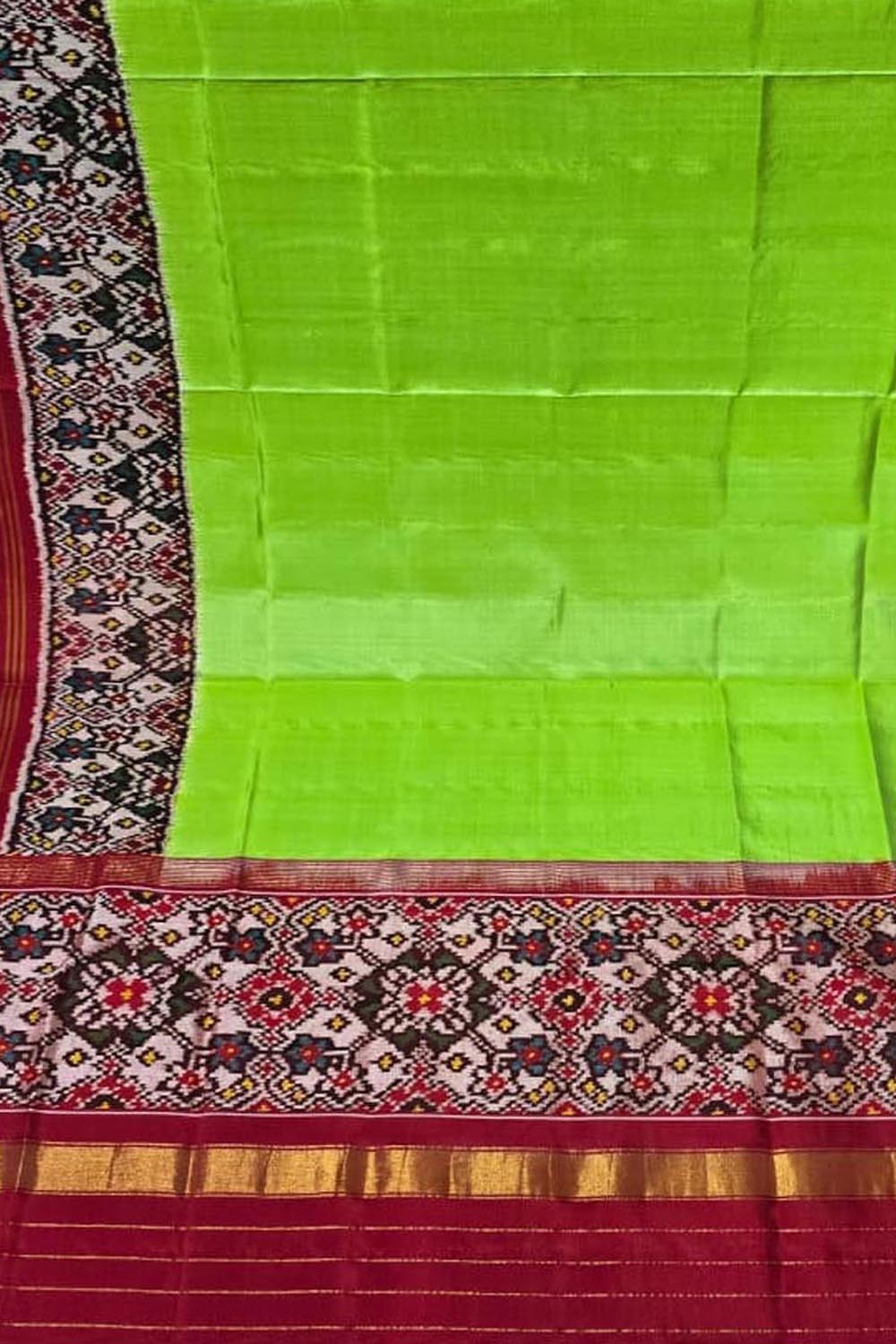 Green Handloom Semi Patan Patola Pure Silk Dupatta - Luxurion World- Crafted Heirlooms