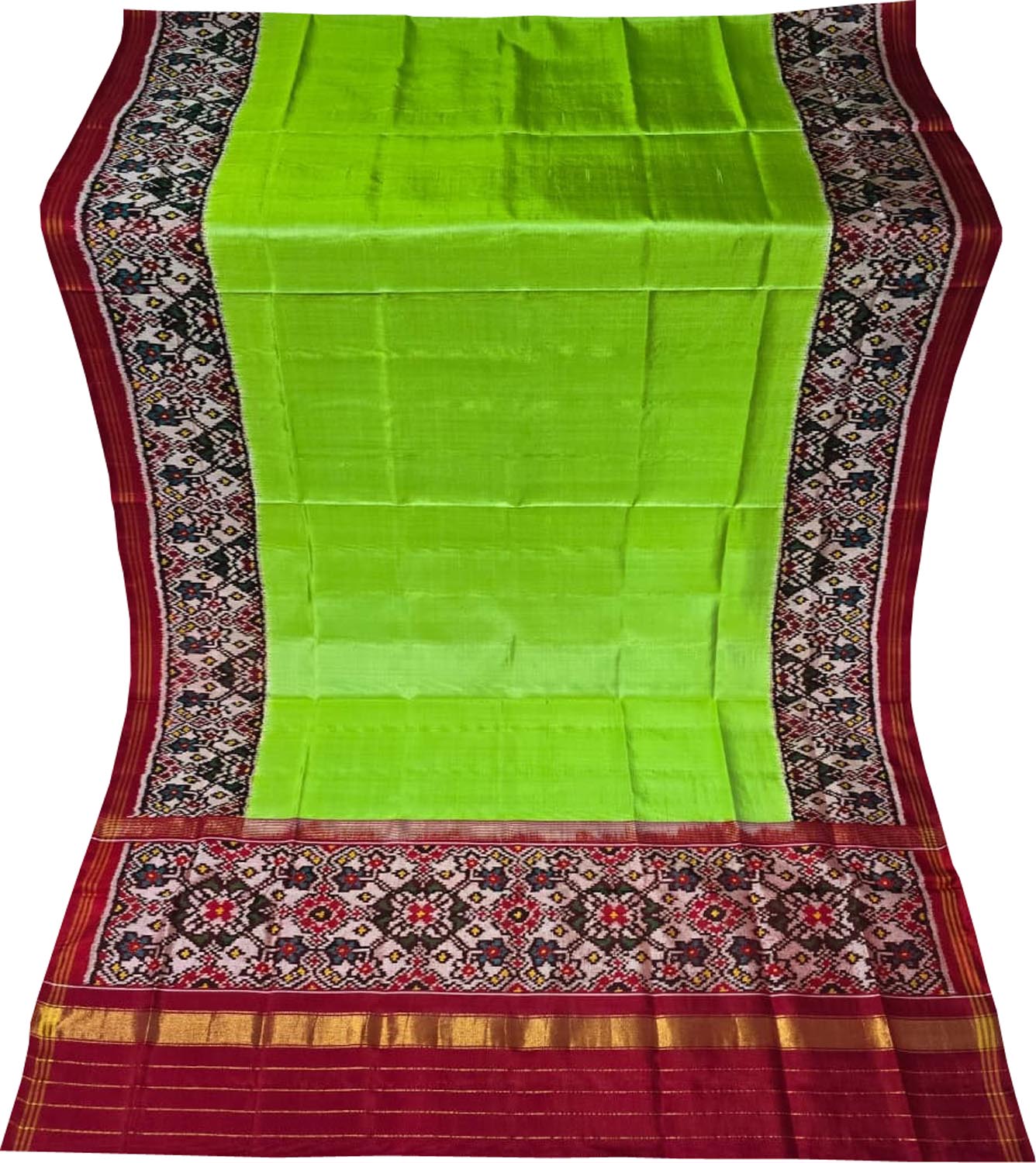 Green Handloom Semi Patan Patola Pure Silk Dupatta - Luxurion World- Crafted Heirlooms