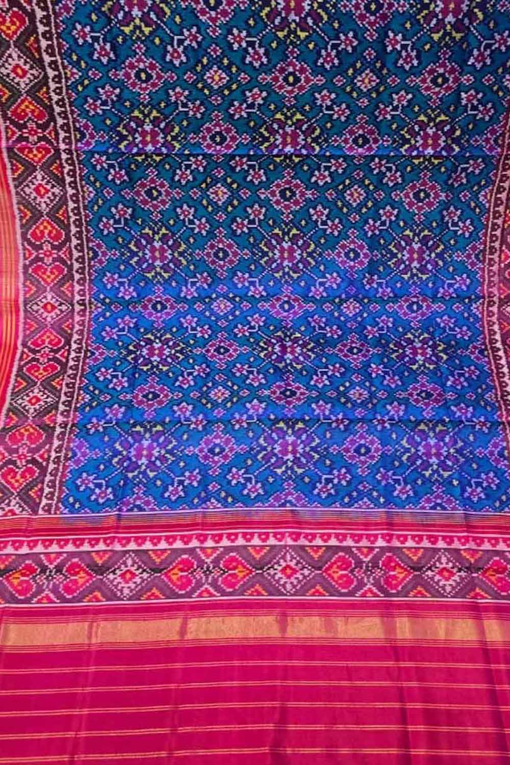 Blue Handloom Semi Patan Patola Pure Silk Dupatta - Luxurion World- Crafted Heirlooms