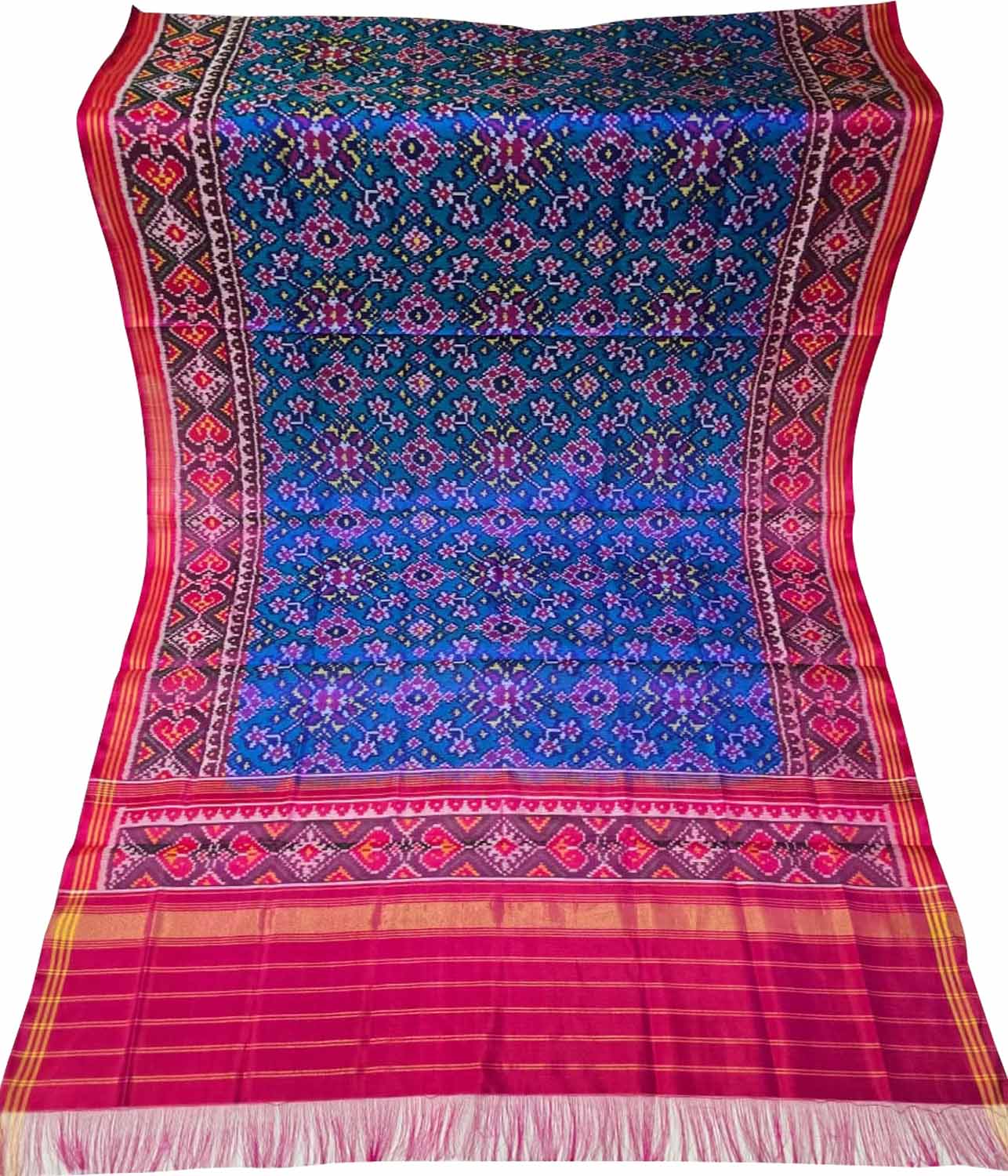 Blue Handloom Semi Patan Patola Pure Silk Dupatta - Luxurion World- Crafted Heirlooms