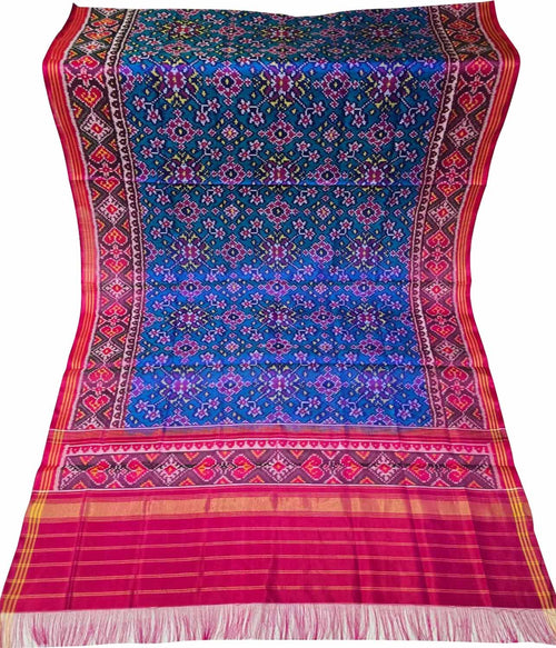 Blue Handloom Semi Patan Patola Pure Silk Dupatta - Luxurion World- Crafted Heirlooms