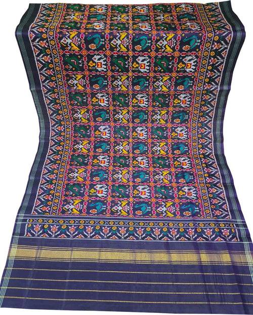 Blue Semi Patan Patola Handloom Single Ikat Dupatta - Luxurion World- Crafted Heirlooms