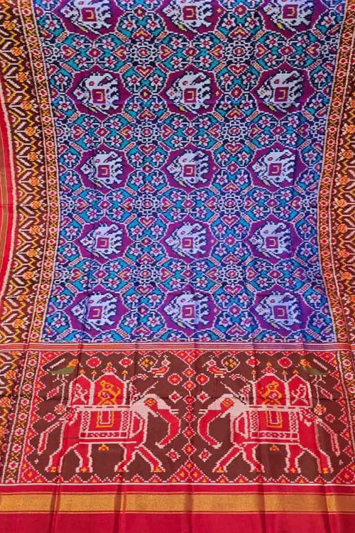 Blue Semi Patan Patola Handloom Single Ikat Dupatta - Luxurion World- Crafted Heirlooms