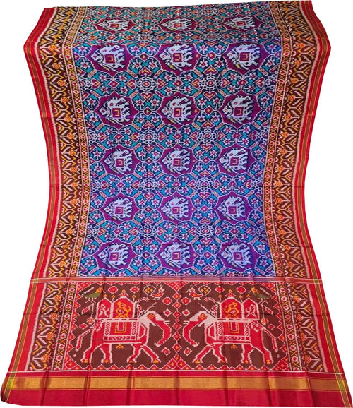 Blue Semi Patan Patola Handloom Single Ikat Dupatta - Luxurion World- Crafted Heirlooms