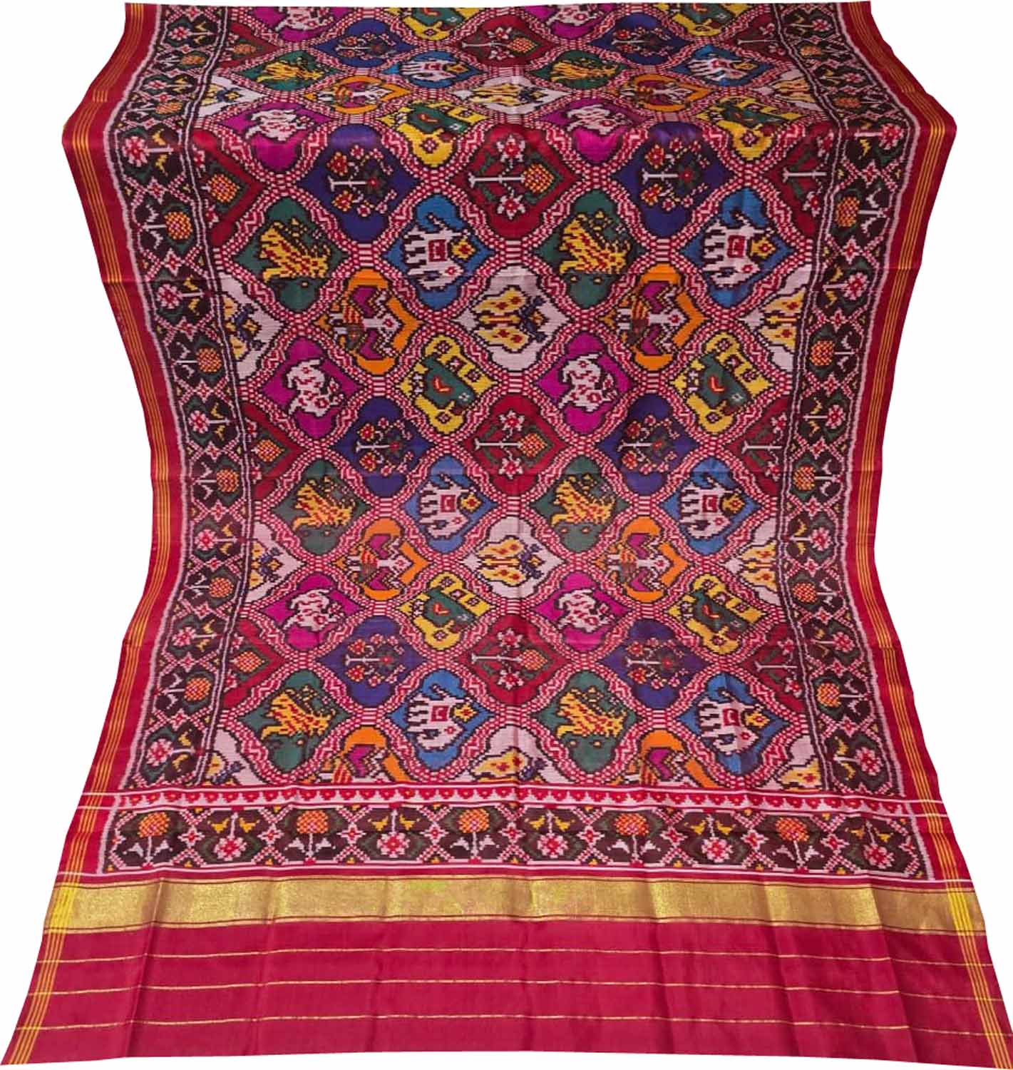 Multicolor Semi Patan Patola Handloom Single Ikat Dupatta - Luxurion World- Crafted Heirlooms