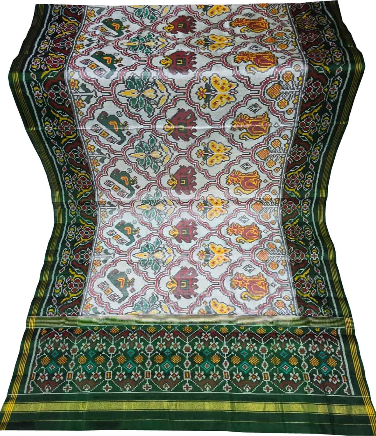 White Semi Patan Patola Handloom Single Ikat Dupatta - Luxurion World- Crafted Heirlooms