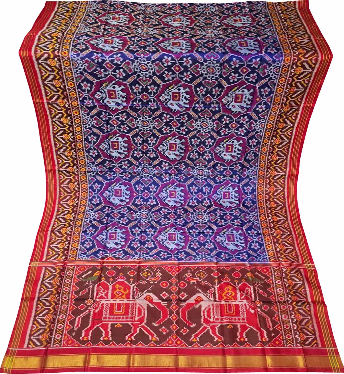 Blue Semi Patan Patola Handloom Single Ikat Dupatta - Luxurion World- Crafted Heirlooms
