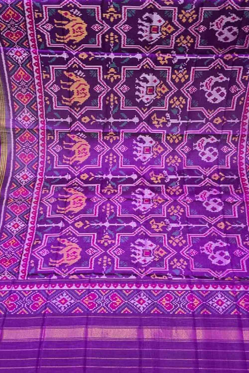 Purple Semi Patan Patola Handloom Single Ikat Dupatta - Luxurion World- Crafted Heirlooms