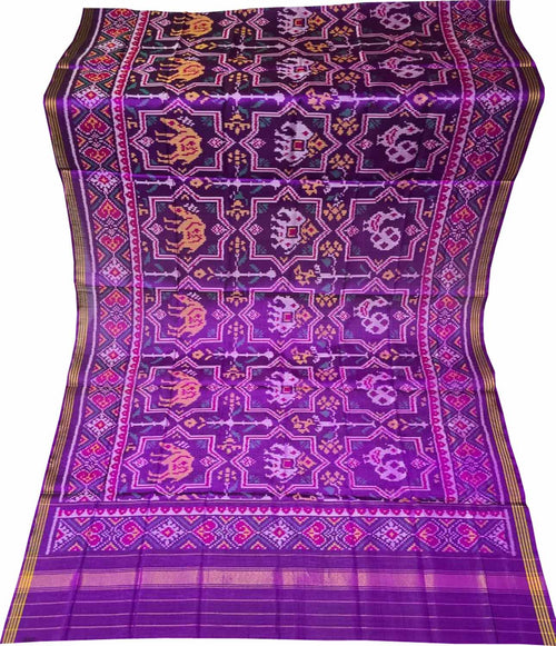 Purple Semi Patan Patola Handloom Single Ikat Dupatta - Luxurion World- Crafted Heirlooms