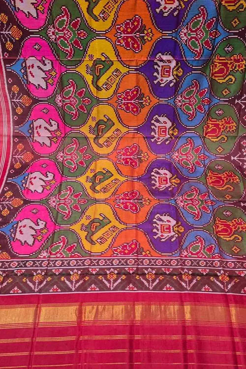 Multicolor Semi Patan Patola Handloom Single Ikat Dupatta - Luxurion World- Crafted Heirlooms