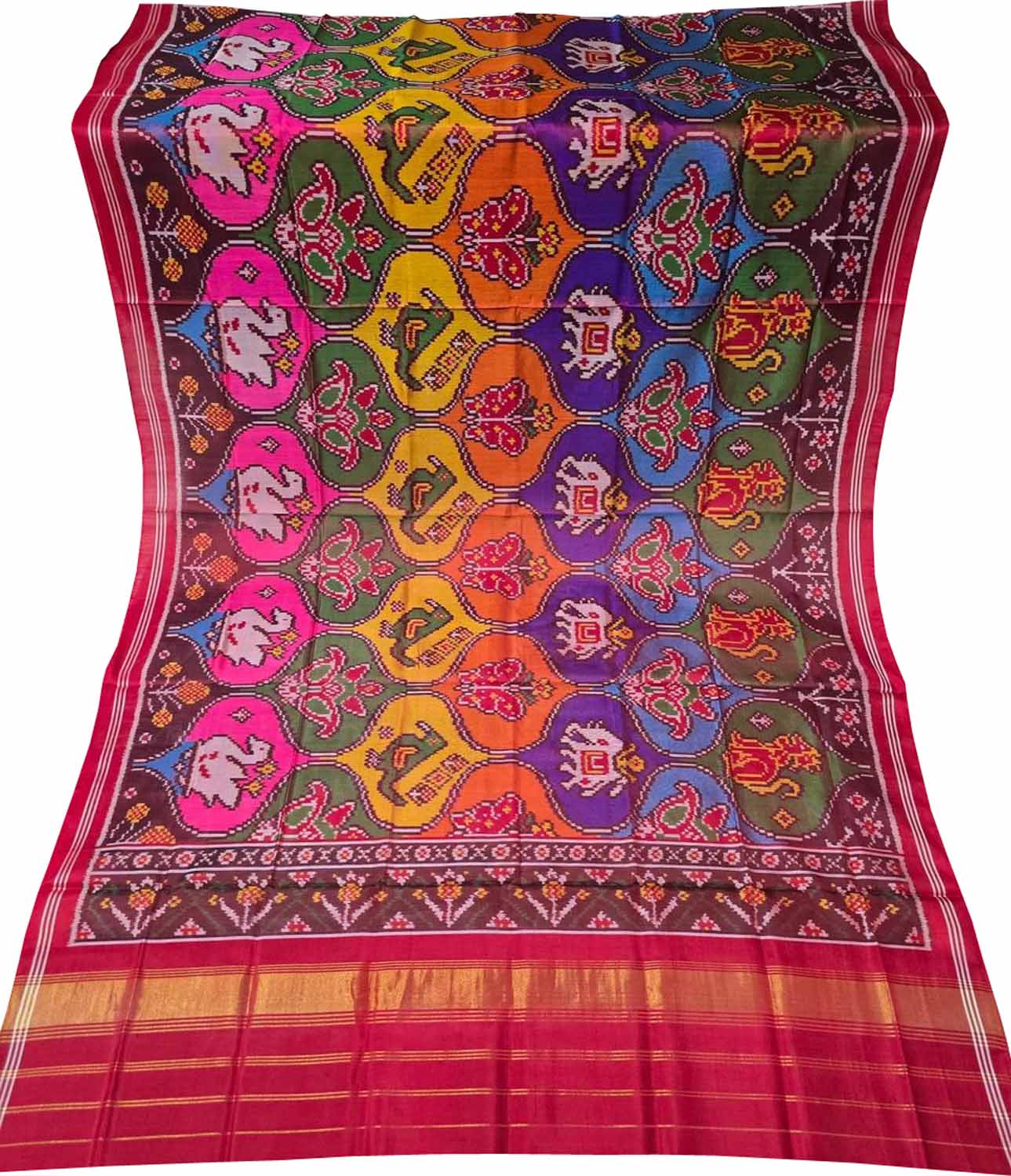 Multicolor Semi Patan Patola Handloom Single Ikat Dupatta - Luxurion World- Crafted Heirlooms