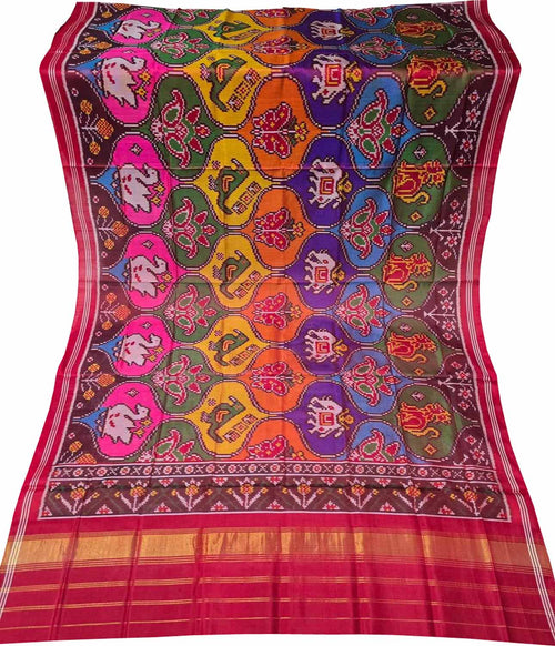 Multicolor Semi Patan Patola Handloom Single Ikat Dupatta - Luxurion World- Crafted Heirlooms