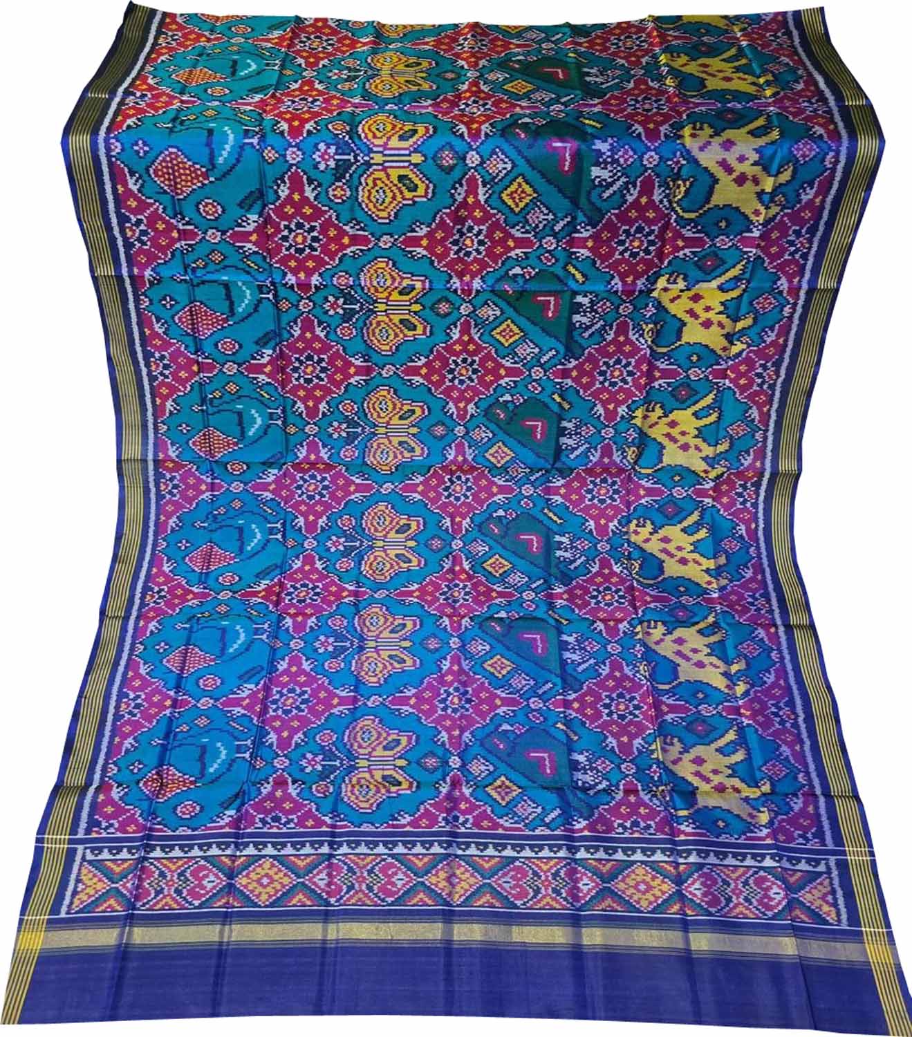 Blue Semi Patan Patola Handloom Single Ikat Dupatta - Luxurion World- Crafted Heirlooms
