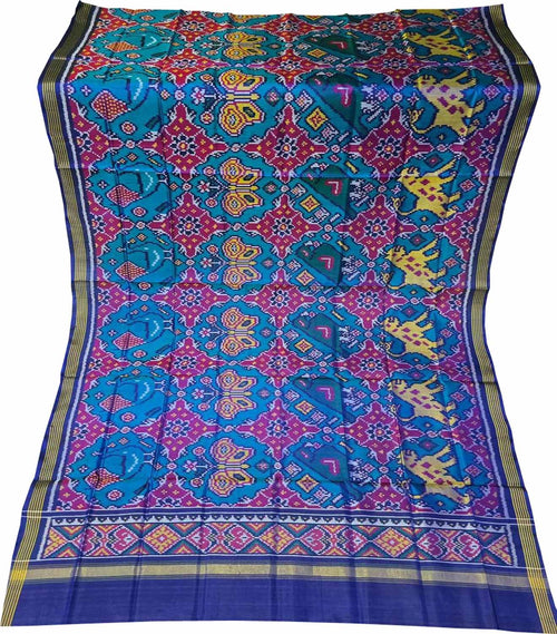 Blue Semi Patan Patola Handloom Single Ikat Dupatta - Luxurion World- Crafted Heirlooms
