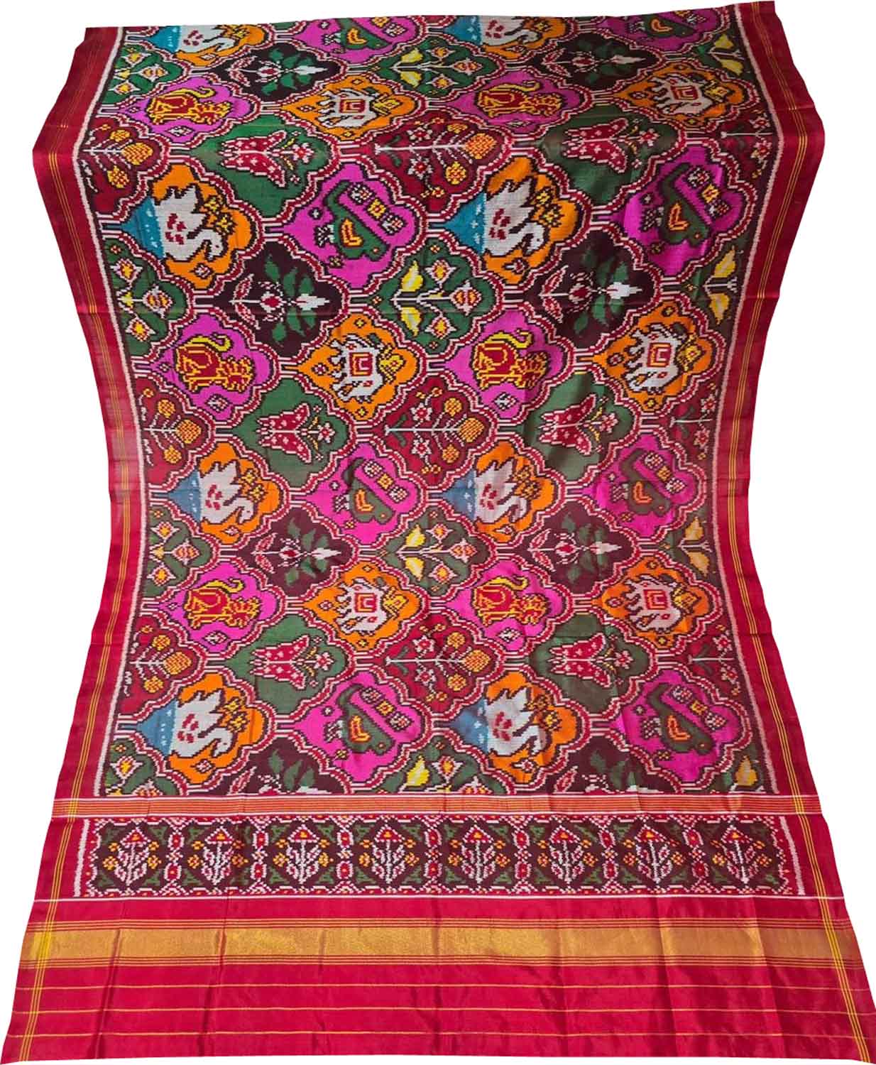 Multicolor Semi Patan Patola Handloom Single Ikat Dupatta - Luxurion World- Crafted Heirlooms