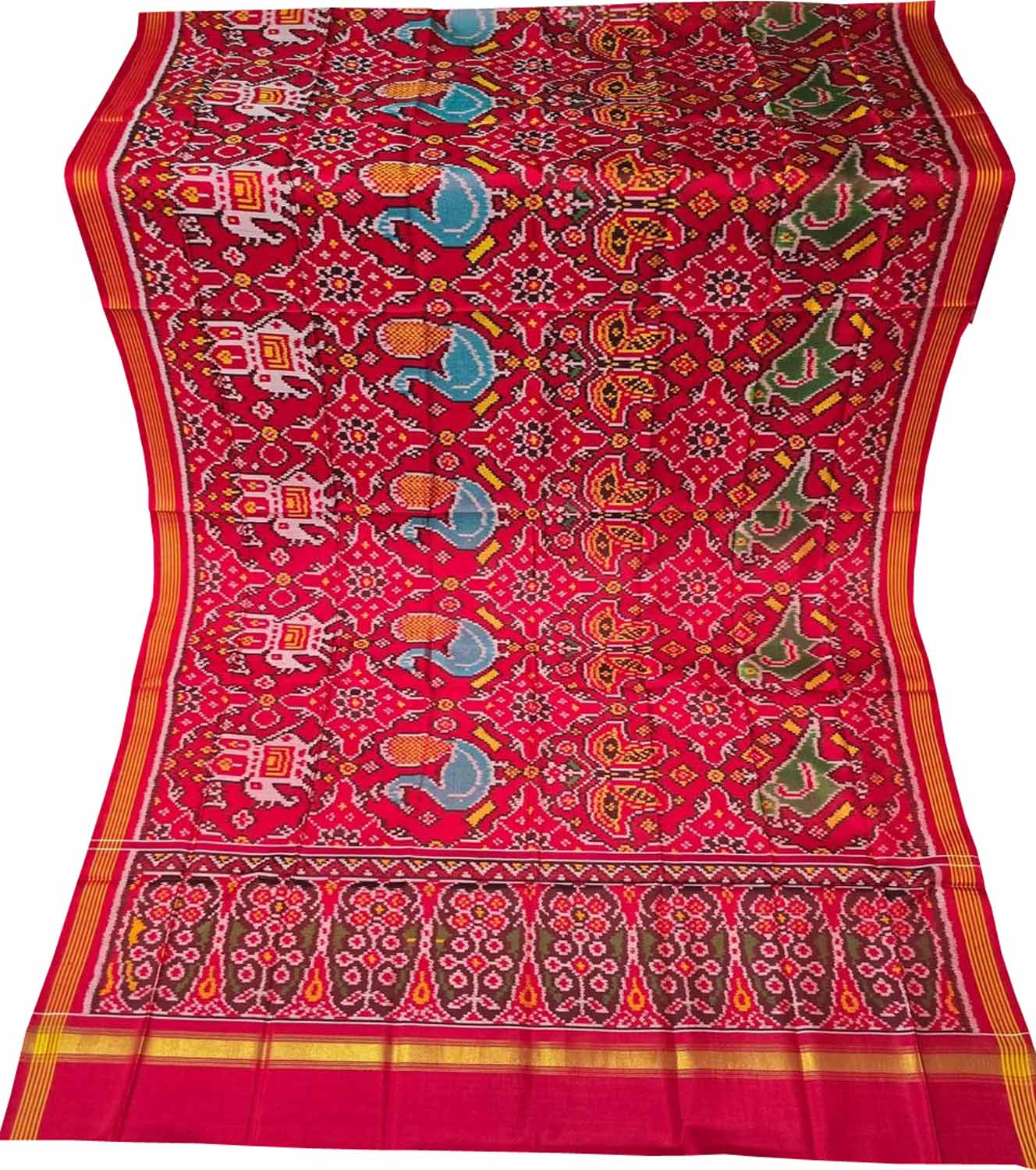 Multicolor Semi Patan Patola Handloom Single Ikat Dupatta - Luxurion World- Crafted Heirlooms