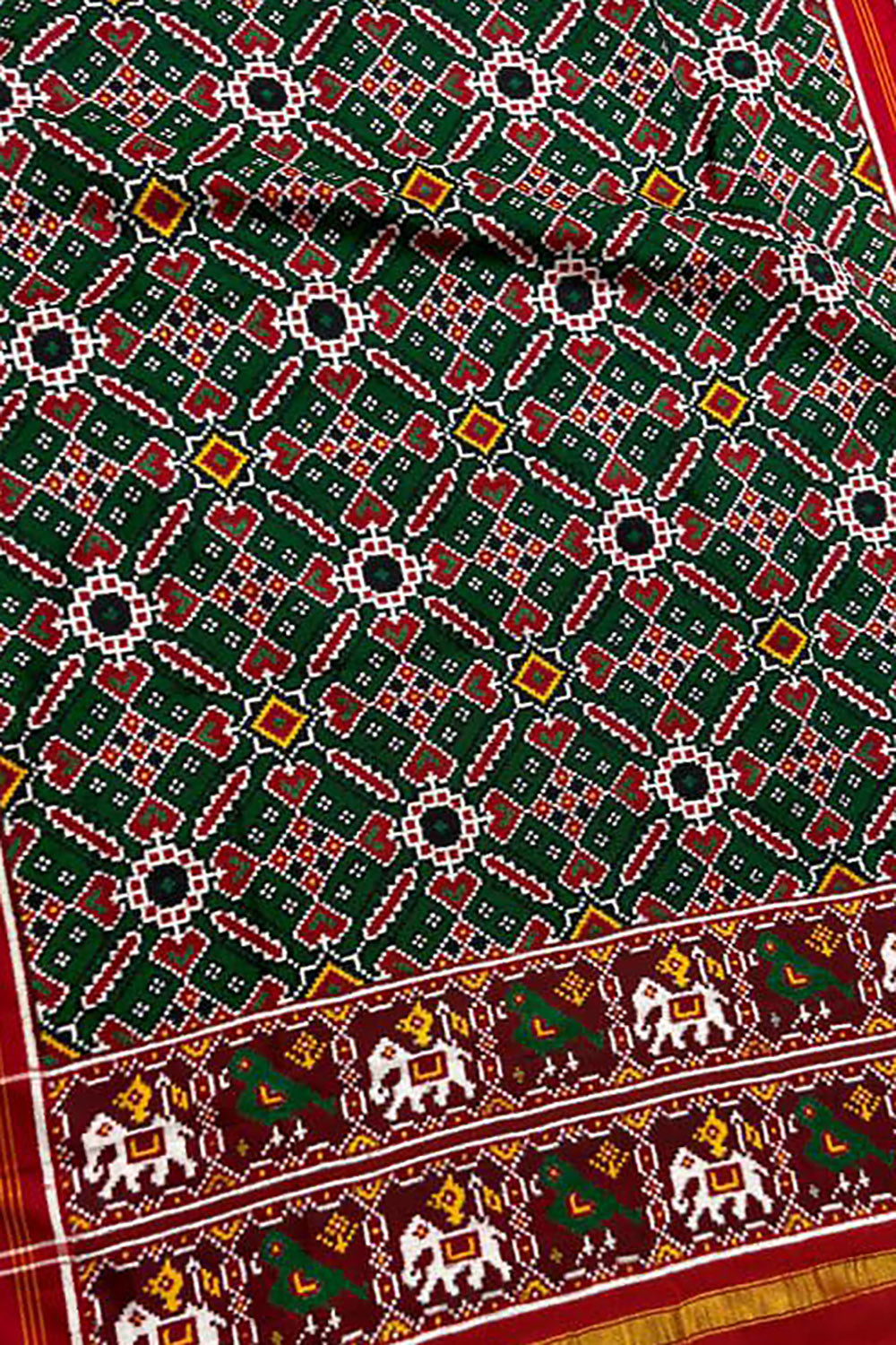 Green Pure Silk Handloom Double Ikat Patan Patola Dupatta - Luxurion World- Crafted Heirlooms