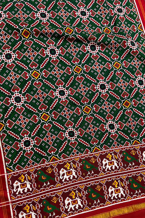 Green Pure Silk Handloom Double Ikat Patan Patola Dupatta - Luxurion World