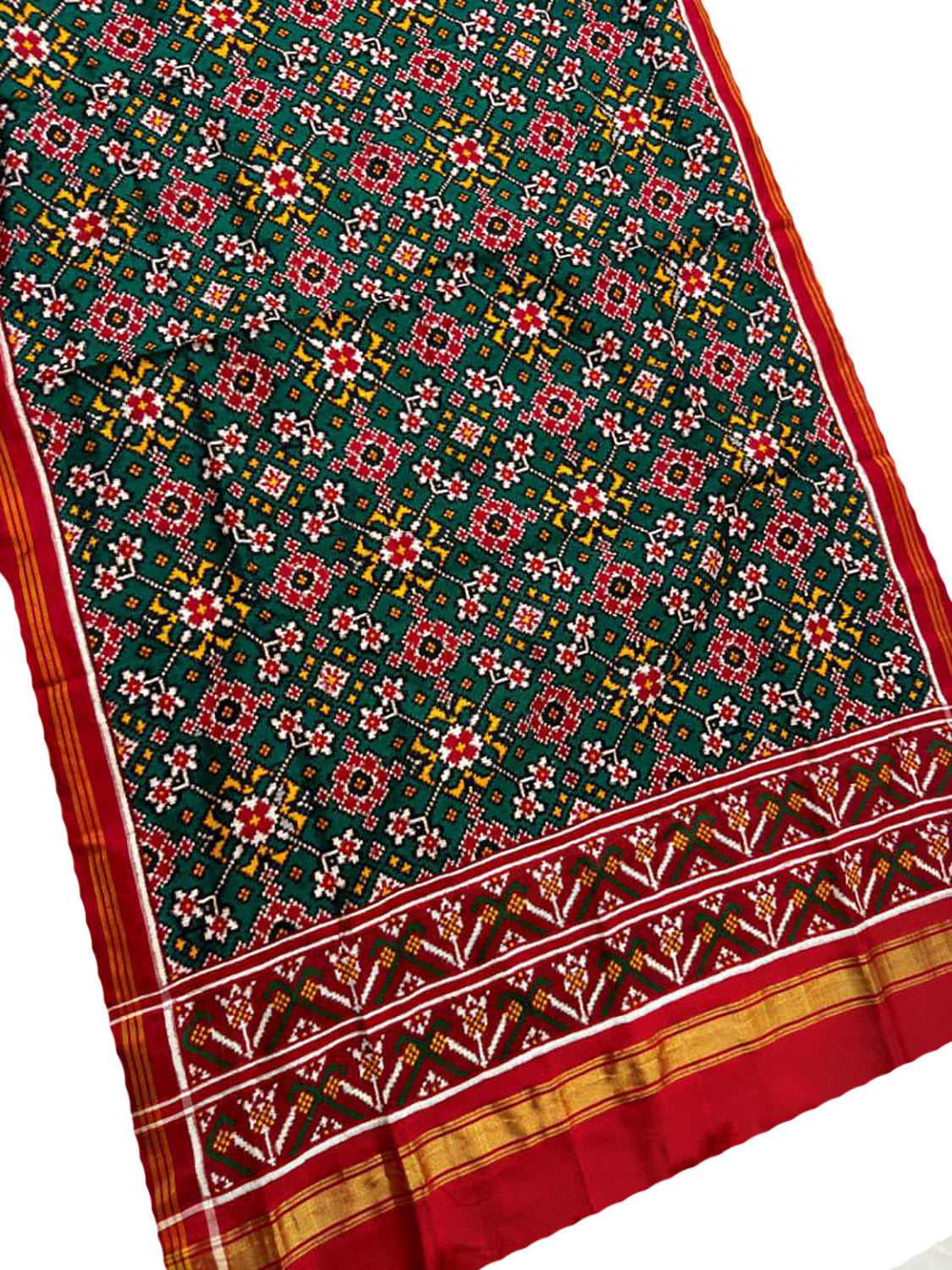 Green Pure Silk Handloom Double Ikat Patan Patola Dupatta - Luxurion World- Crafted Heirlooms