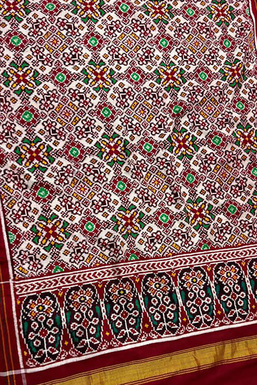 White Pure Silk Handloom Double Ikat Patan Patola Dupatta - Luxurion World- Crafted Heirlooms