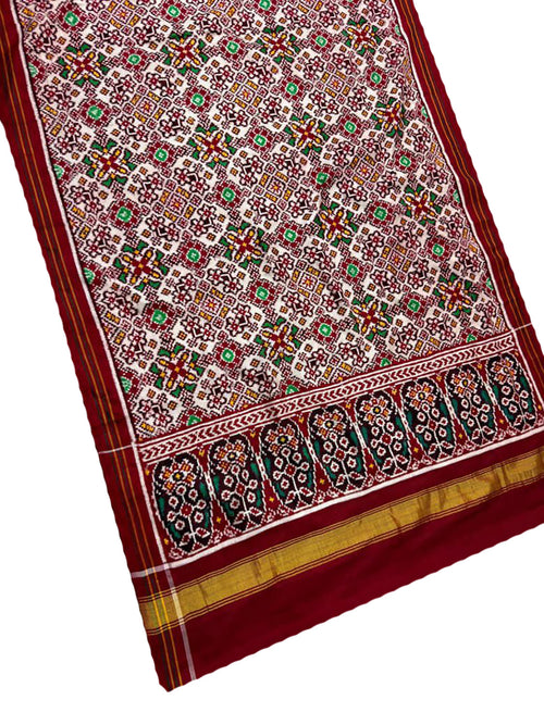 White Pure Silk Handloom Double Ikat Patan Patola Dupatta - Luxurion World- Crafted Heirlooms