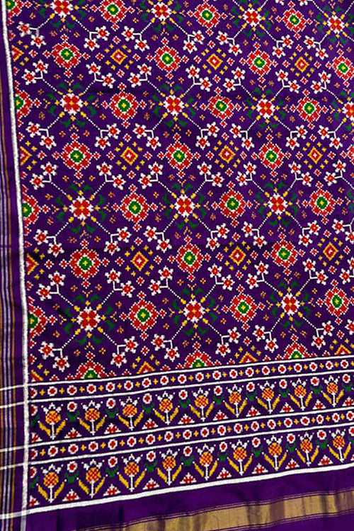 Purple Pure Silk Handloom Double Ikat Patan Patola Dupatta - Luxurion World- Crafted Heirlooms
